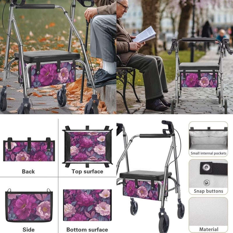 LedBack Universal Rollator Walker Seat and Backrest Covers Rollator Cover Walker Accessories Sets for Seniors Durable Underseat Pouch Tote, Purple Floral Leaves - Image 5